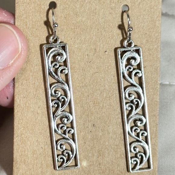 2/$20 Silver tone long rectangular filigree & swirl hook earrings - Picture 5 of 9
